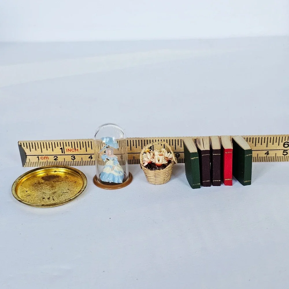 Vintage Dollhouse Miniature Accessories Books Cloche Tray Flower Basket 1:12 Set